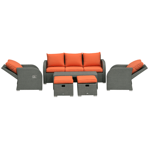 Outsunny Patio Furniture with Cushions, 6 Pieces PE Wicker Patio Sectional Furniture Conversation Set w/ a Three-Seat Sofa, 2 Recliner Chairs, 2 Footstools & Table, Orange