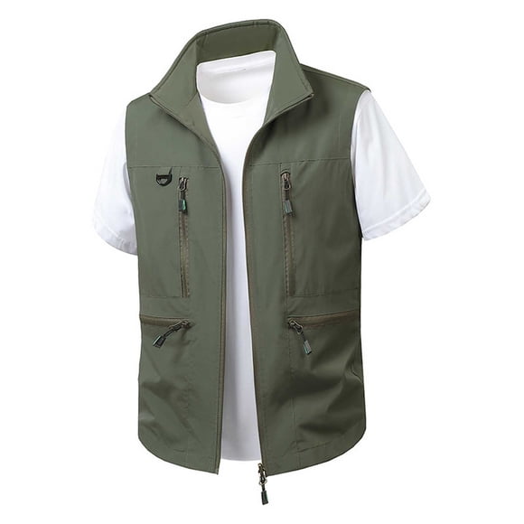 2025 Men's Spring and Summer High Neck Workout Tops for Men Vest Casual Collar Bag Men Workout Shirt Cargo Vest Coat