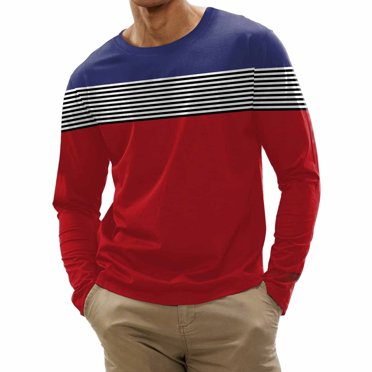 Ketyyh-chn99 Chemise Habillée à Manches Longues pour Homme à Boutons Vêtements d'Automne Mode Homme Décontracté Sport à Rayures avec Coutures Impression Numérique T-Shirt à Col Rond Haut à Manches Longues Rouge, 3TG