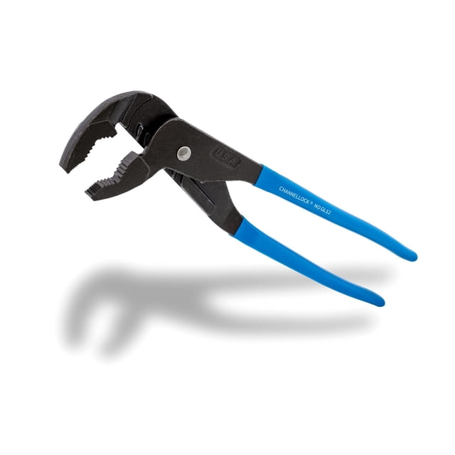 CHANNELLOCK 12.5" GRIPLOCK® Plier with blue ergonomic CHANNELLOCK BLUE® grips and black laser-hardened teeth on the jaws, featuring an offset head and PERMALOCK® fastener for strong, versatile grip on various shapes, forged from high carbon steel with rust-resistant coating, shown on white background with shadow.