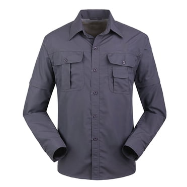 aohooy Men's Long Sleeve Tactical Work Shirts Fall Outdoor Casual Button Down Shirt with Zipper Pockets for Hiking Fishing Travel Dark Gray,S