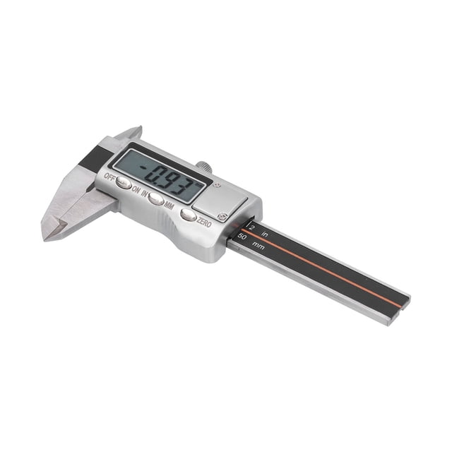 Digital Caliper, Portable Digital 0-50mm Vernier Caliper designed for industry, home, and DIY measurement tasks. Features a digital display with a read value of approximately 0.01mm (0.0004in) and a measurement range of 0-50mm (0-2in). Made of wear-resistant stainless steel, it is suitable for measuring inner diameter, outer diameter, and depth. Includes a storage box, screwdriver, and user manual. Battery not included.