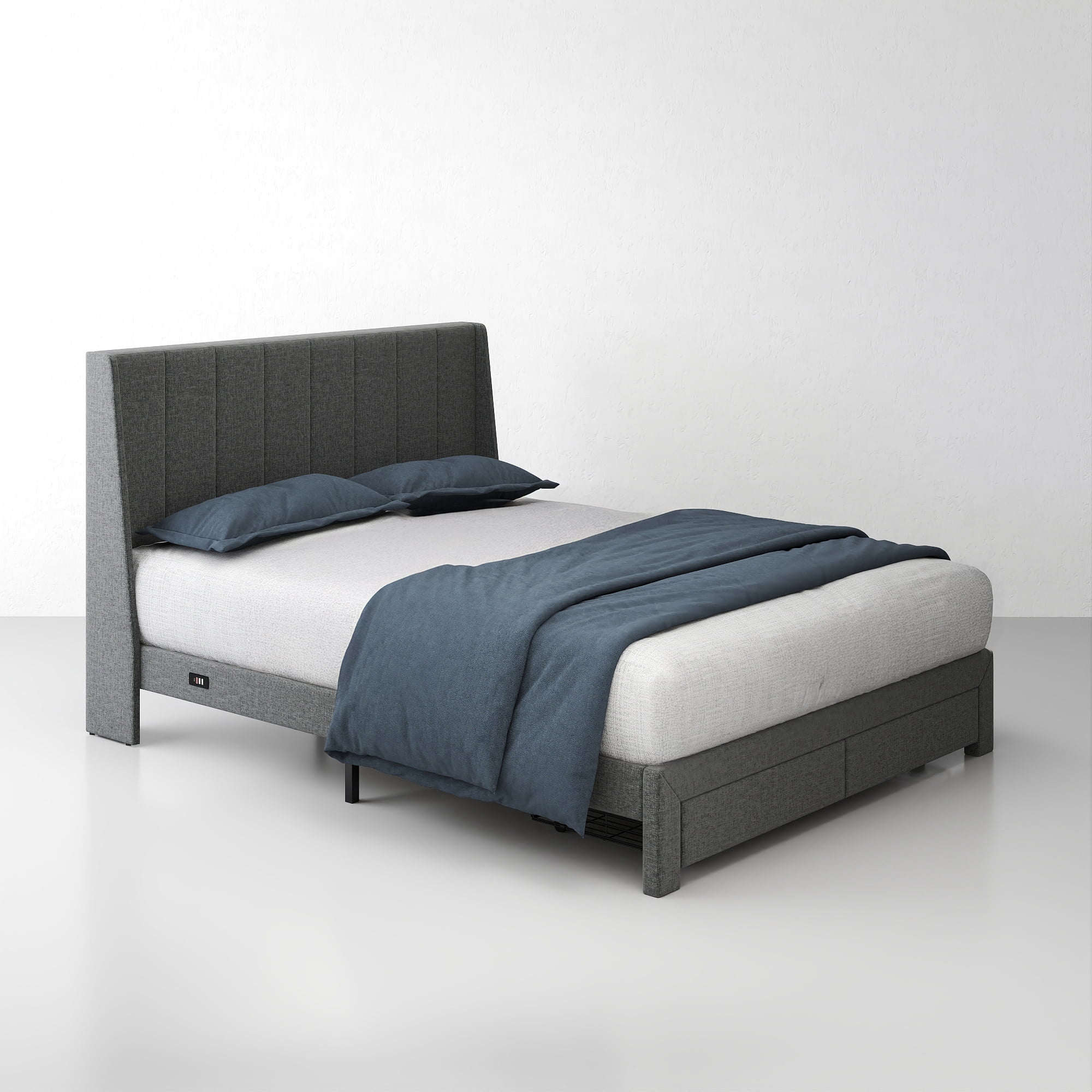 Homy Casa Upholstered Queen Bed Frame with Portable Bedside Tray Table