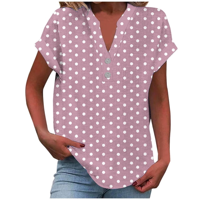 fatyb Womens Printed V Neck Tops Short Sleeve Button V Neck Tshirts Lightweight Summer Beach Blouses
