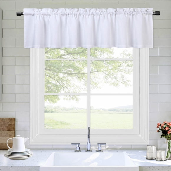 Waterproof Waffle Weave Window Valance, Washable Textured Short Curtain, Rod Pocket, Modern Decor for Kitchen, Bathroom, or Living Room – 60 x 15 Inch – White