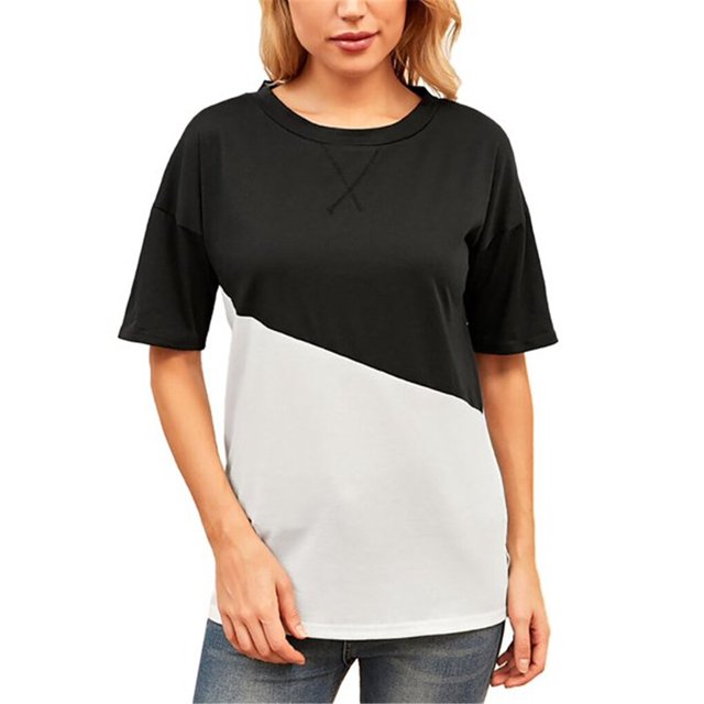 Femmes T-shirt Couleur Bloc Court Top Femmes Couleur Bloc Manches Haut Col Rond, Noir, M