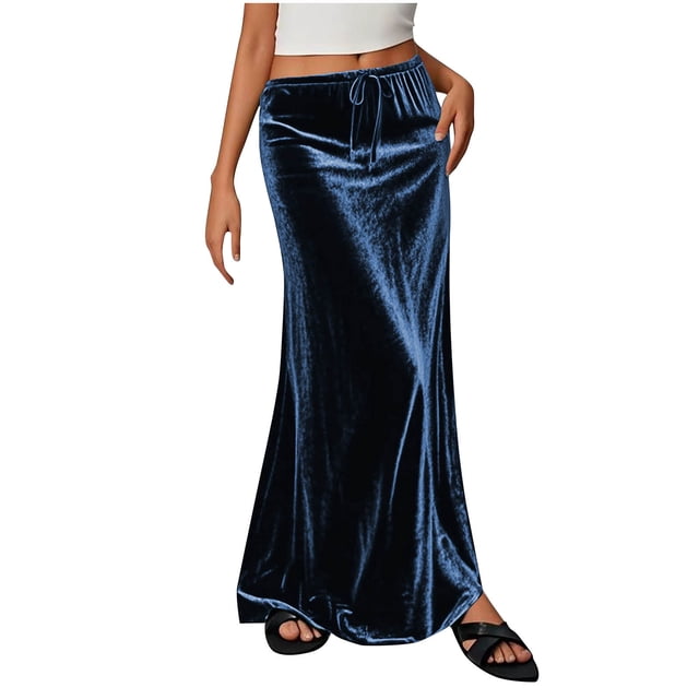 Kvture Ladies Fashion Women Solid Color Elastic Waist Drawstring Long Skirt Navy S