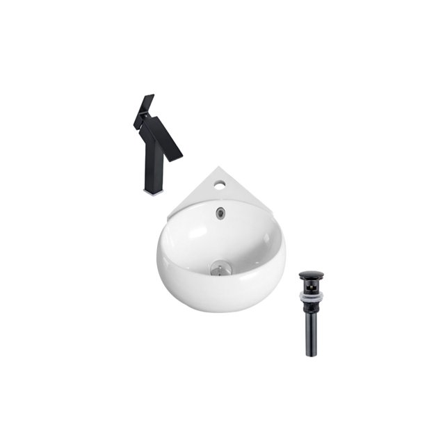 DROP Bath et Cuisine DR091256 Ensemble d'Évier de Salle de Bain Comprenant un Évier d'Angle Mural Ovale en Céramique Blanc à Fini Lustré, Assorti à un Robinet Noir à un Seul Trou et à un drain Noir avec Débordement, Idéal pour la Rénovation de Cuisine et les applications d'Évier Encastré.