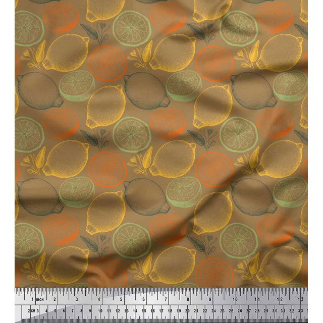 Soimoi Brown polyester Crepe Fabric Lemon Slice Vegetable Fabric Prints By Yard 52 Inch Wide