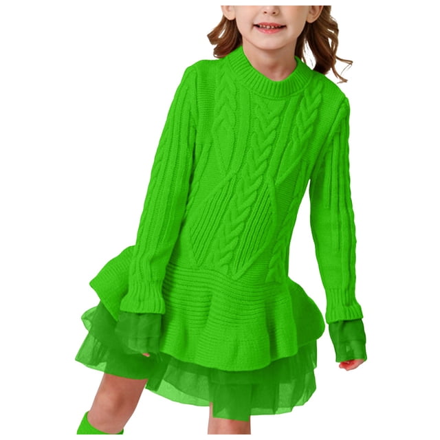 Splozh Robe d'Automne pour Filles Printemps et Automne Robe d'Hiver à Manches Longues pour Filles Robe de Fête Motif Robe en Maille Vert, 3-4 Ans