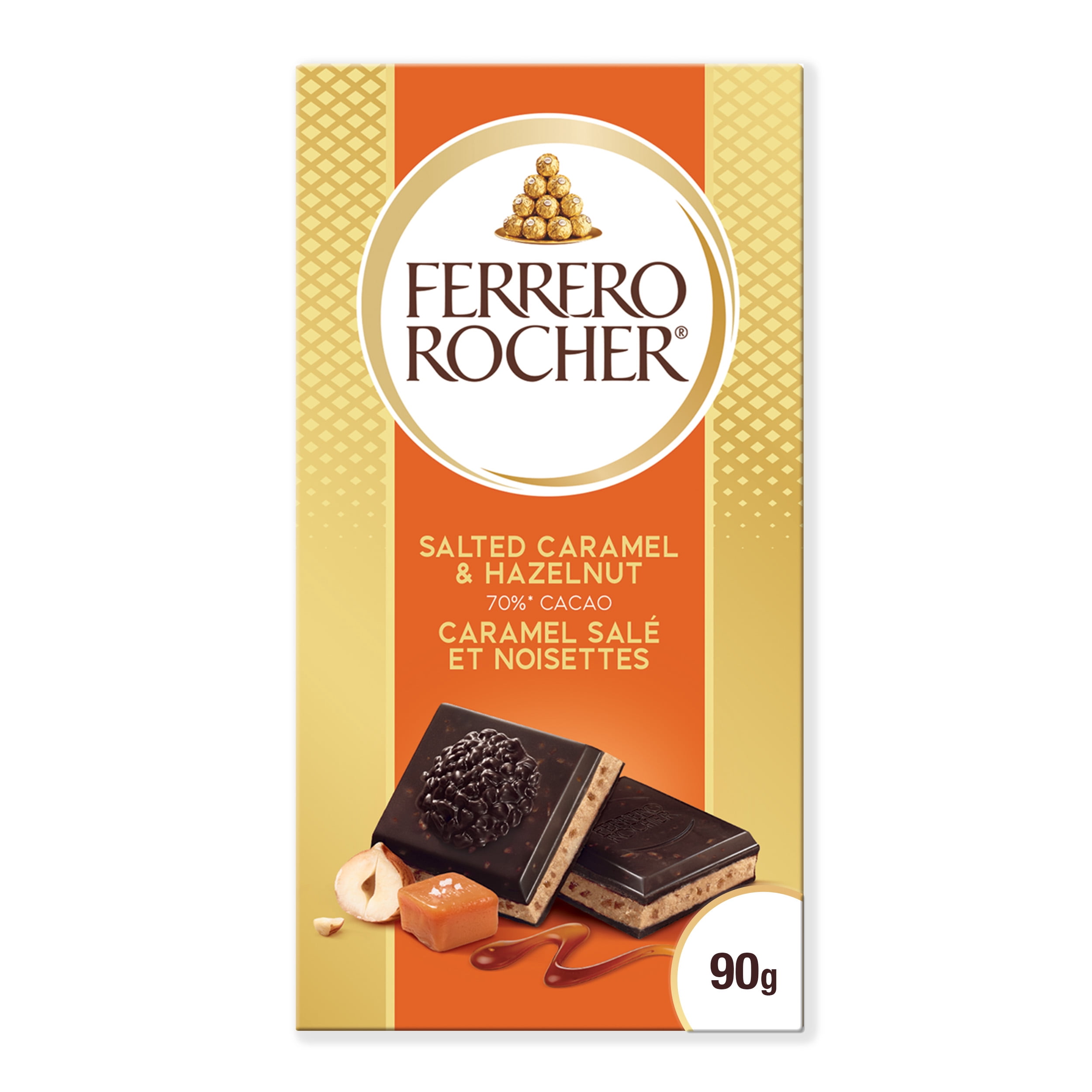 FERRERO ROCHER Premium Chocolate Bar, Salted Caramel and Hazelnut 70% Cacao Dark Chocolate, 90 g