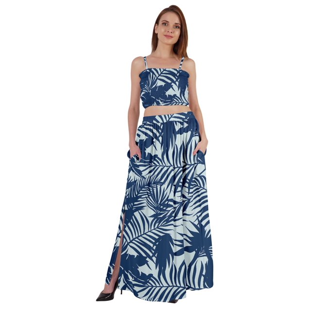 Bimba Ensemble Coordonné 2 Pcs Robe Aguichant de Plage et de Fête pour Femmes, Haut Court Imprimé Smocké et Jupe Longue