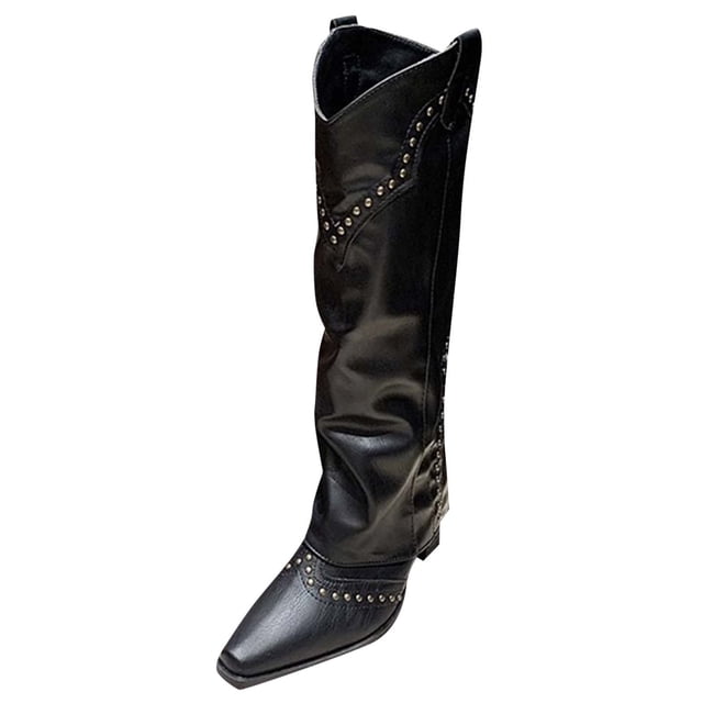 LOVZFMLL Cowboy Boots for Women Mid Calf Stovepipe Boots Pointy Toe Slip Resistant Low Block Heel Western Style Fall Boots