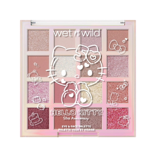 Hello Kitty Palette pour les Yeux et le Visage par wet n wild avec 16 Teintes Richement Pigmentées en Tons Rose, Corail et Violet Présentant des Finis Mats, Scintillants, Satinés et Pailletés dans un compact avec Couvercle Transparent Décoré de Graphiques Blancs Hello Kitty 50e Anniversaire, Convient au Maquillage Polyvalent des Yeux et du Visage.