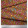 thumbnail image 2 of Soimoi Brown Cotton Cambric Fabric Insect,Sun & Cartoon Alphabets Text Print Fabric by The Yard 56 Inch Wide, 2 of 3