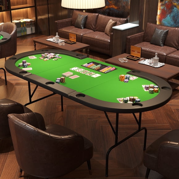 Oval Poker Table with Collapsible Legs, Texas Holdem Blackjack Poker Table with Holder, Casino Leisure Gamimg Table for 10 Players