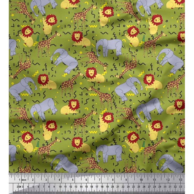 Soimoi Green Polyester Crepe Fabric Lion,Giraffe & Elephant Kids Decor Fabric Printed BTY 52 Inch Wide