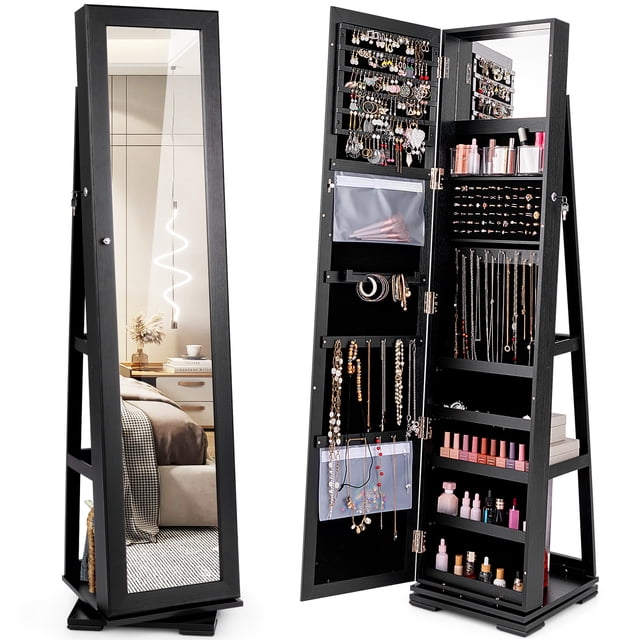 Giantex 360° Rotating Jewelry Armoire w/Higher Full Length Mirror, Standing Lockable Cabinet Organizer w/ Large Storage Capacity, Inside Makeup Mirror(Black)
