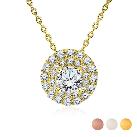 JeenMata 1 Carat Round Cut Lab Grown Diamond Double Halo Pendant Necklace in 18K Yellow Gold Over Silver