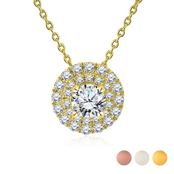 JeenMata 1 Carat Round Cut Lab Grown Diamond Double Halo Pendant Necklace in 18K Yellow Gold Over Silver