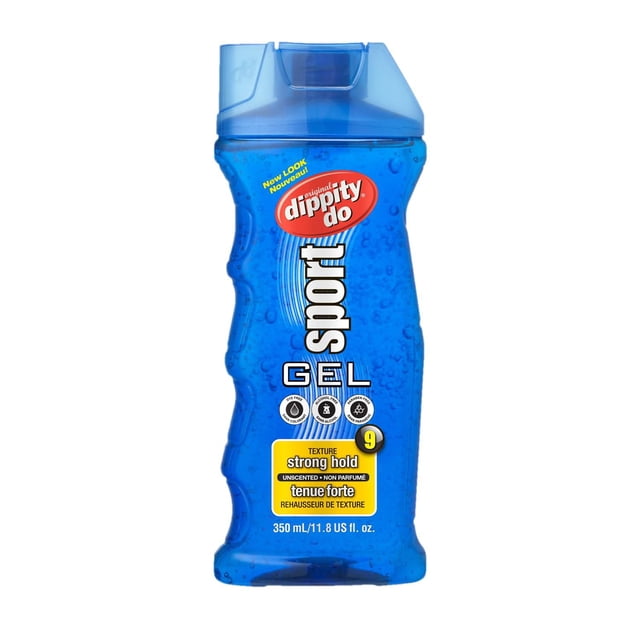 dippity-do SPORT Hair Gel in a 350 mL translucent blue bottle with textured grip and flip-top cap, offering strong hold level 9, unscented formula that adds texture and definition while keeping hair healthy and shiny.