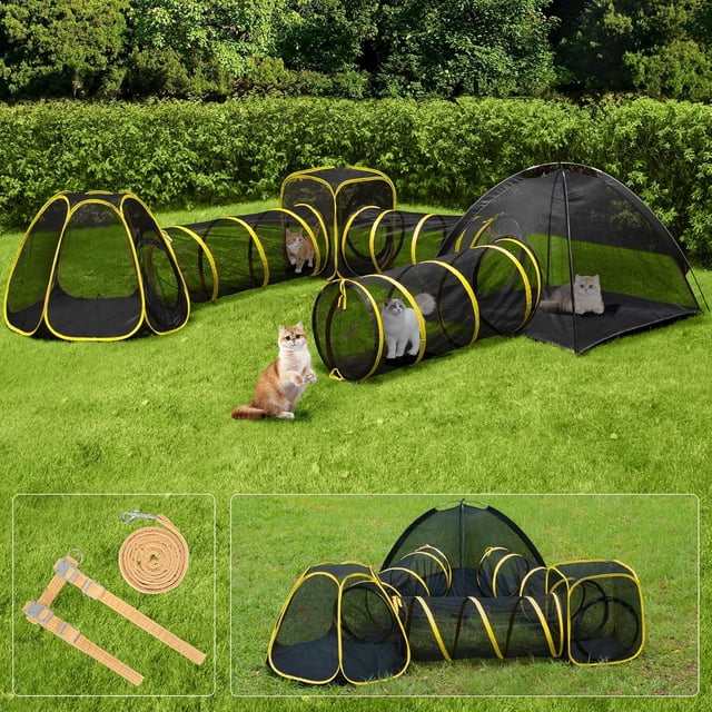 inPortable Catio Outdoor Enclosure with Tent Tunnel & Playhouse MultiPet Design for Cats Dogs Rabbits Includes Door Leash Mint Ball (Yard Balcony Camping)