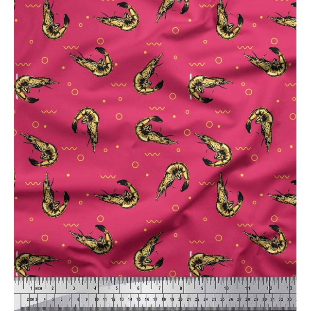 Soimoi Polyester Crepe Fabric Circle,Dot & Prawns Ocean Printed Craft Fabric by The Yard 42 Inch Wide