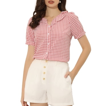 INSPIRE CHIC Women's Blouses Peter Pan Collar Puff Short Sleeves Ruffle Plaid Shirt Tops XS Pink
