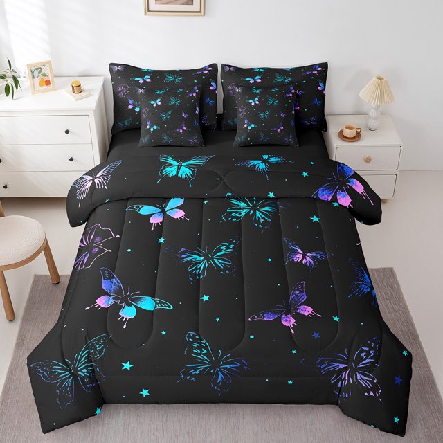Gradient Butterfly Bedding Set King Size, Colorful Shiny Stars Soft Comforter Set, Galaxy Kids Girls (Comforter+Fitted+Flat Sheet+2 Pillowcases+2 Throw Pillow Covers) 7 Pieces Bed Set