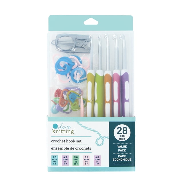 LOVE KNITTING Crochets Ensemble au Crochet avec 28 Pcs Incluant des Crochets Ergonomiques en aluminium de 4 à 6 mm avec Poignées Confort Multicolores, Marqueurs de Points Assortis et un Coupe-Fil Métallique dans un Emballage Transparent avec Étiquette Bleue et Blanche, Convient aux Projets de Crochet et aux Ateliers de Groupe.
