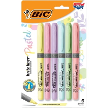 Ensemble de surligneurs pastel à grip BIC Brite Liner, pointe biseautée, paquet de 6 surligneurs pastel de couleurs assorties, jolis surligneurs pour la rédaction de carnets, la prise de notes, etc.