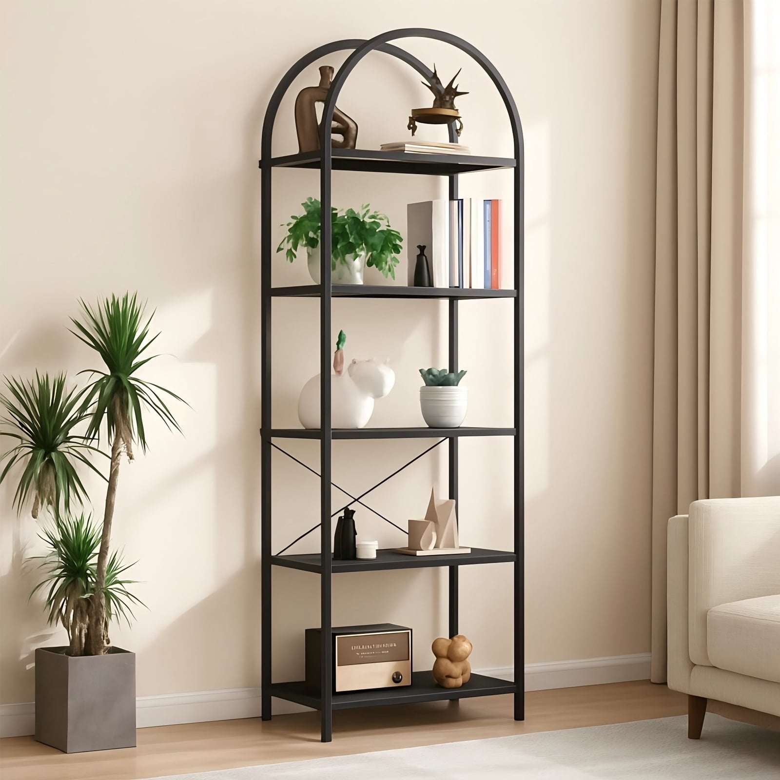 5-Tier Arched Bookshelf, Industrial Style Open Bookcase with Metal Frame, Freestanding Display Shelving Unit for Living Room, Bedroom, Office Storage