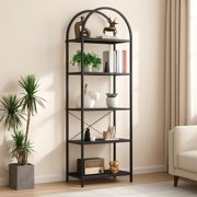 5-Tier Arched Bookshelf, Industrial Style Open Bookcase with Metal Frame, Freestanding Display Shelving Unit for Living Room, Bedroom, Office Storage