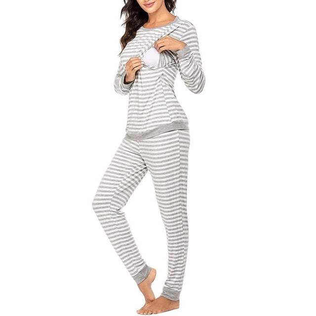 Grande Liquidation! Ensemble de Pyjama de Maternité et d'Allaitement pour Femmes, Pyjama d'Allaitement à Rayures, Ensemble Haut à Manches Longues et Bas