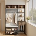 thumbnail image 1 of KFFKFF Hall Tree, 70.9 in Coat Rack with Shoe Bench & 2 Drawers, 3-in-1 Freestanding Shoe Rack Storage Organizer with Bookshelf & Wire Shelf, Steel Frame Entrance Coat Holder for Entry, 1 of 9