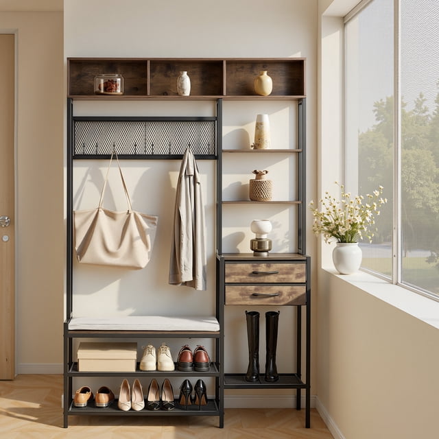 KFFKFF Hall Tree, 70.9 in Coat Rack with Shoe Bench & 2 Drawers, 3-in-1 Freestanding Shoe Rack Storage Organizer with Bookshelf & Wire Shelf, Steel Frame Entrance Coat Holder for Entry
