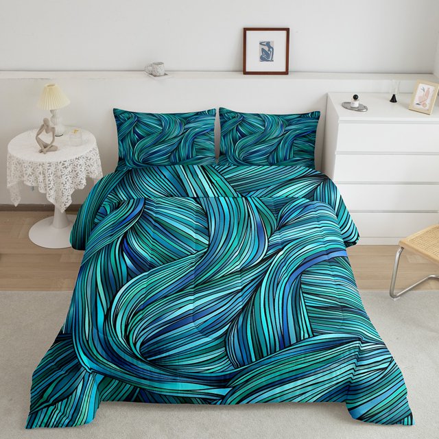 YST Teal Blue Line Comforter Set Twin Size,Bule Ombre Stripes Bedding Set,Abstract Ripple Down Comforter For Adult Teens Young,Western Art Aesthetics Style Quilt Set,Lightweight Soft Warm