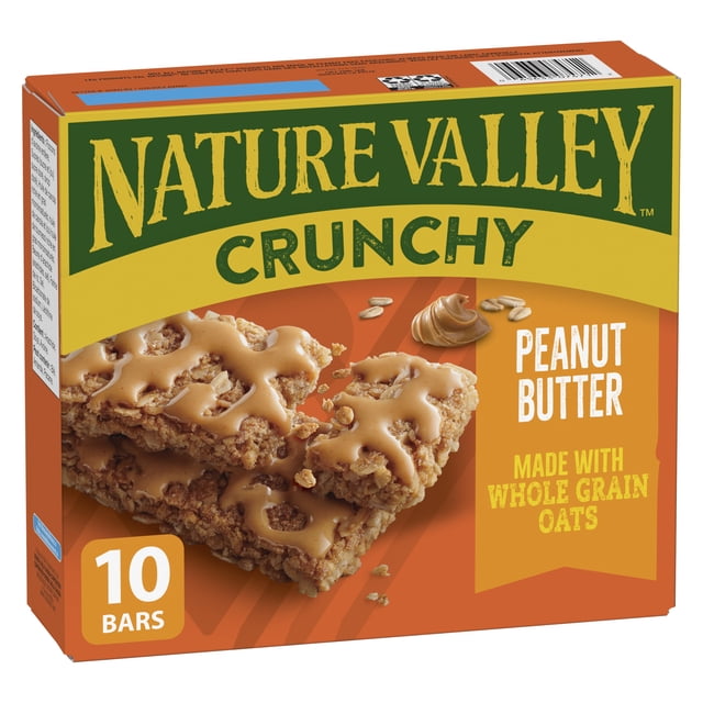 Nature Valley Crunchy Granola Bars, Peanut Butter, box of 10 bars made with whole grain oats and creamy peanut butter drizzle. Suitable as a portable breakfast or energizing snack for hiking and on-the-go moments.