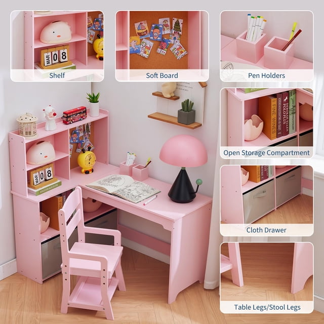 BeesClover Girls' Kids Corner Desk and Chair Set, L-Shaped Study Table with Bulletin Board, Storage Cabinets & Cloth Drawers