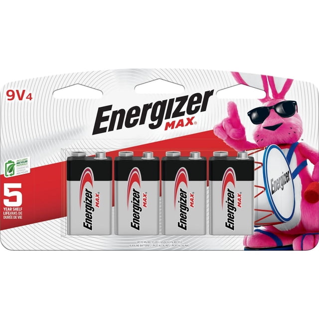 Energizer Piles MAX 9V (Lot de 4) avec Quatre Piles Alcalines 9 Volts Argentées et Noires Affichant la Marque Energizer MAX Rouge et Noire sur un blister Blanc et Rouge avec une Durée de Conservation de 5 Ans et une Icône en Matériaux Recyclés, Convenant à l'Électronique Quotidienne et au Stockage d'Alimentation de Secours.