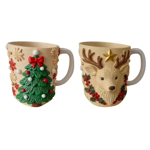 Cagogo under $5 2Pcs Christmas Mug, Christmas Resin Mug Set, Stainless Steel Liner Mug, Festive Tree Reindeer Design, Insulated Coffee Tea Cup, Holiday Gift Set, Christmas Drinkware, Thermal Mug Set