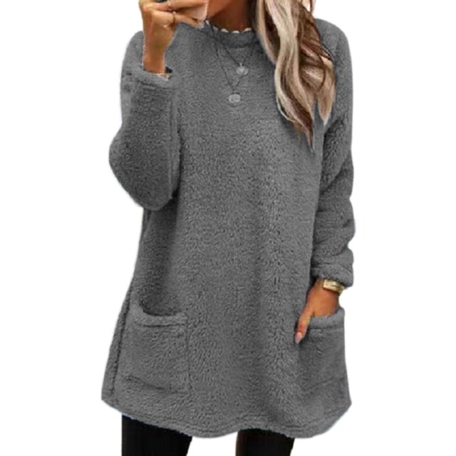 LUXUR Women Fuzzy Fleece T Shirt Loose Work Tops Gray L