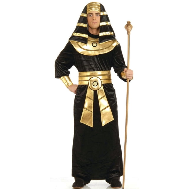 Egyptian Pharaoh Men's Costume featuring a black polyester robe with gold belt, wrist cuffs, and scarab collar, complemented by a black and gold striped headdress and a gold cobra-headed staff, suitable for adult Halloween events.
