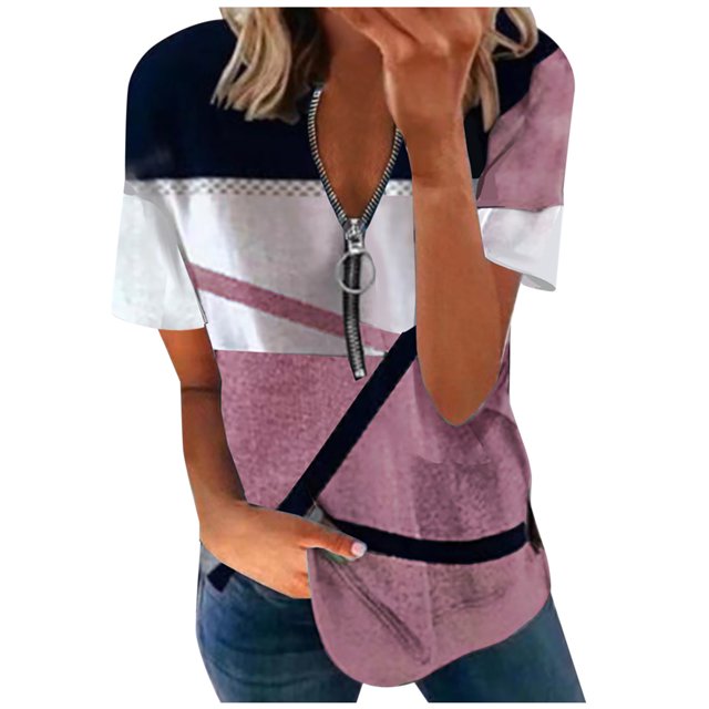 Birdeem Mode Femmes Été Col en V Manches Courtes Imprimé Fermeture Éclair T-Shirt Blouse Décontractée