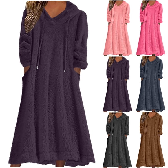 Lcziwo Womens Casual Hooded Nightgown Fuzzy Fleece Sherpa Warm Nightdress Long Sleeve Drawstring Sleepdress with Pockets Dark Gray,S