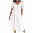 thumbnail image 1 of Cameland Mode Femme Été Décontractée Col en V Uni Manches Courtes Bouton Poche Robe en Coton et Lin, 1 of 8