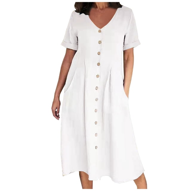 Cameland Mode Femme Été Décontractée Col en V Uni Manches Courtes Bouton Poche Robe en Coton et Lin