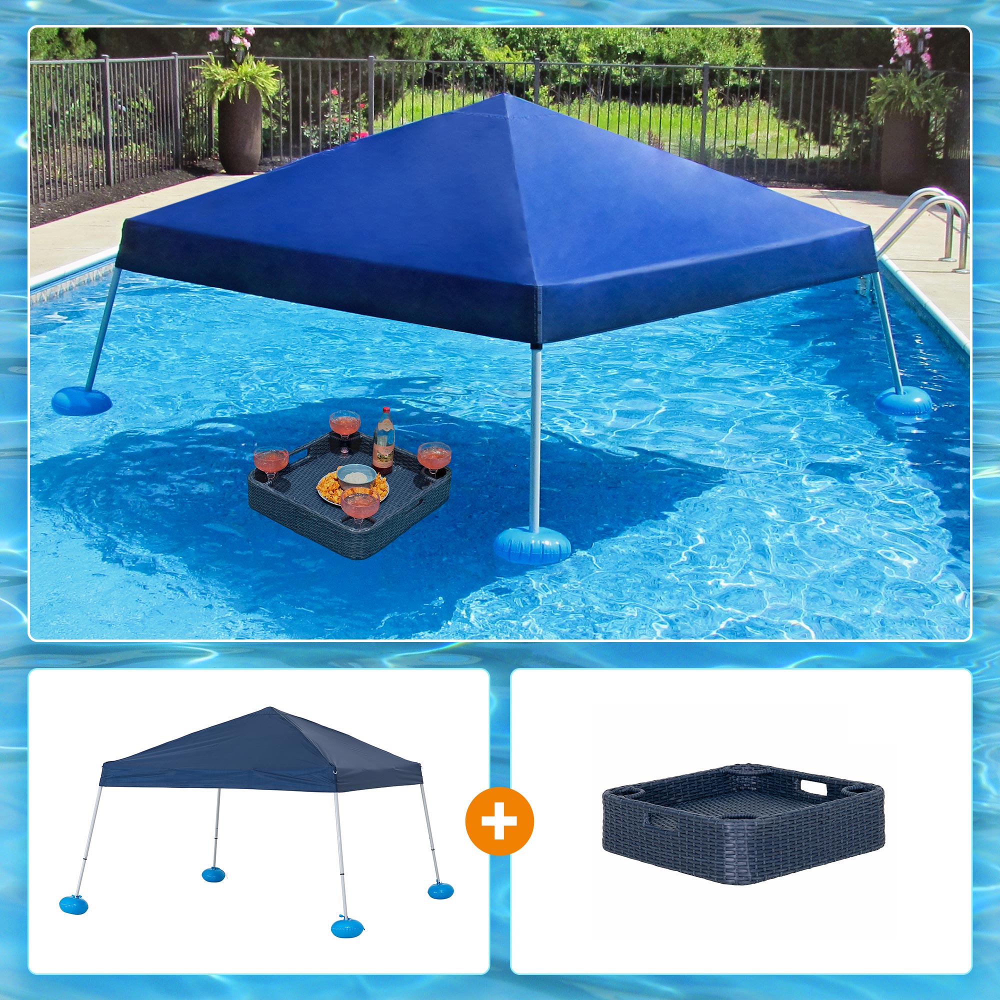 Sunjoy Floating Pool Canopy with Add-on 36x24 in. Wicker Tray,Gray