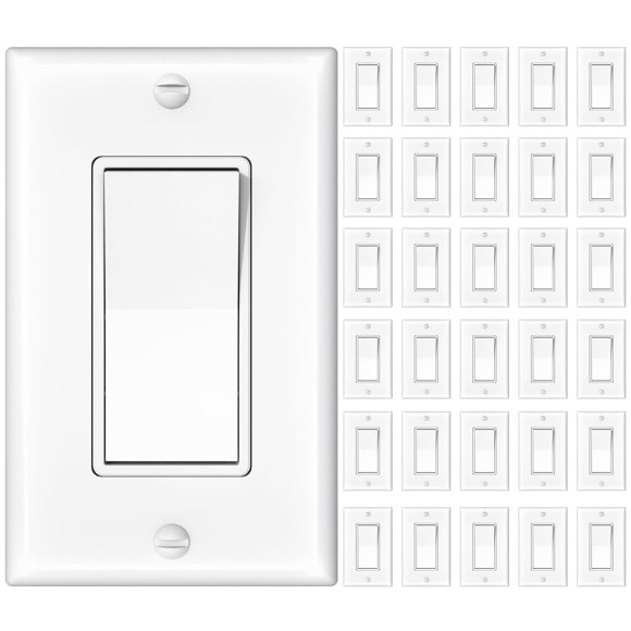 Amico 30 Pack Interrupteur de Lumière à un Seul Poteau avec Plaque Murale Ul Listed 15A 120/277V Interrupteur de Palette Interrupteur Mural Vis de Mise à la Terre Qualité Résidentielle Adapté pour Maison et Entreprise Blanc