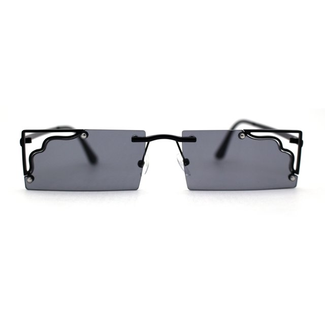 Retro Metal Geometric Deco Tip Rimless Sunglasses All Black